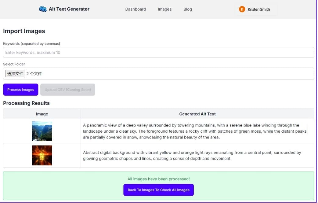 alt text generator’s import image function interface