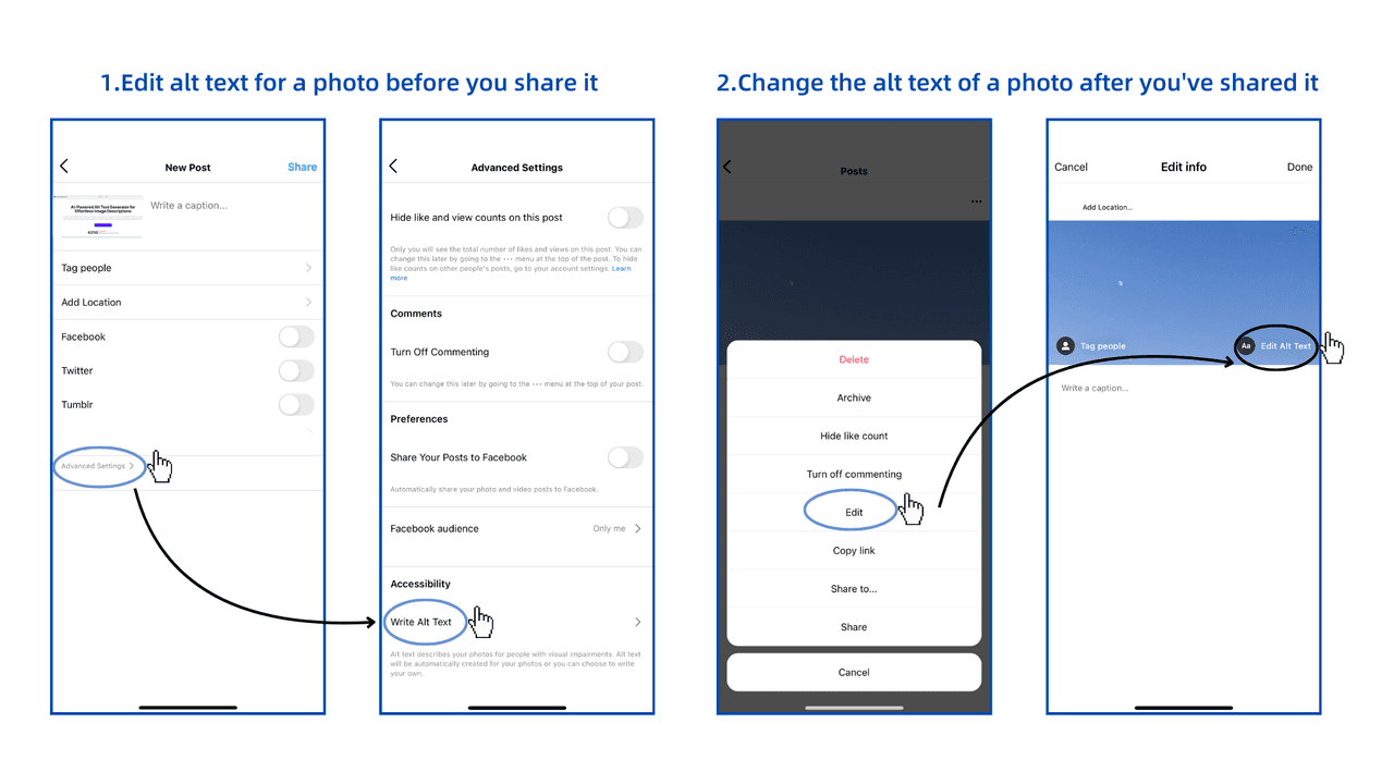 steps to edit and change alt text for a photo on Instagram