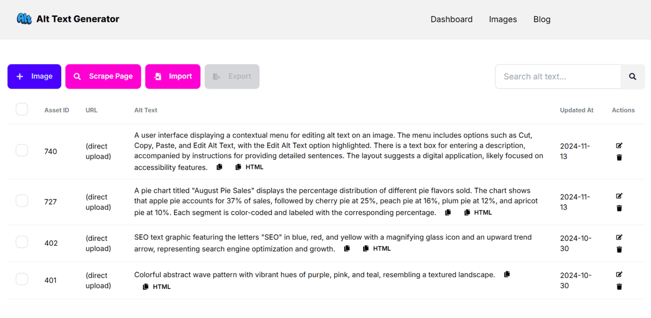 A subpage of Alt Text Generator. On this page, there is a button for batch importing images, which can generate alt text.