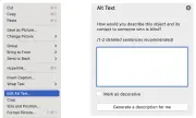 A Word user interface displaying a contextual menu for editing alt text on an image. The menu includes options such as Cut, Copy, Paste, and Edit Alt Text, with the Edit Alt Text option highlighted. There is a text box for entering a description, accompanied by instructions for providing detailed sentences. 