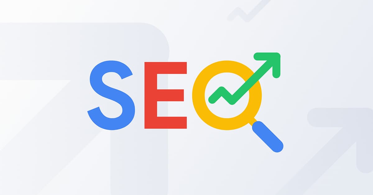 SEO text graphic featuring the letters "SEO" in blue, red, and yellow with a magnifying glass icon and an upward trend arrow, representing search engine optimization and growth.