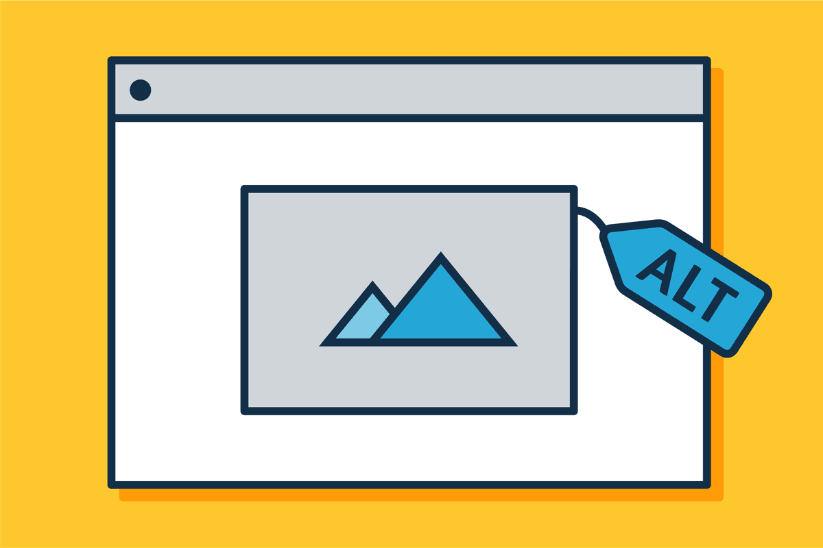 An illustration of a computer screen displaying an image placeholder with two blue mountains. A blue tag labeled "ALT" is attached to the image, emphasizing the concept of adding alternative text for accessibility purposes. The background is yellow, enhancing the visual appeal.